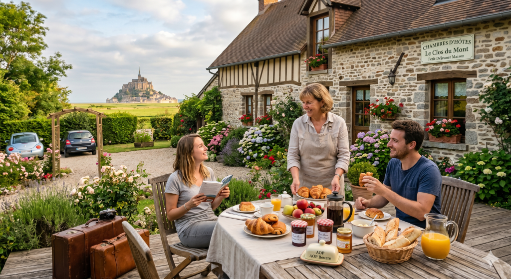 Accueil chaleureux en chambre d'hôtes en Normandie : petit-déjeuner maison avec produits locaux en terrasse face au Mont-Saint-Michel