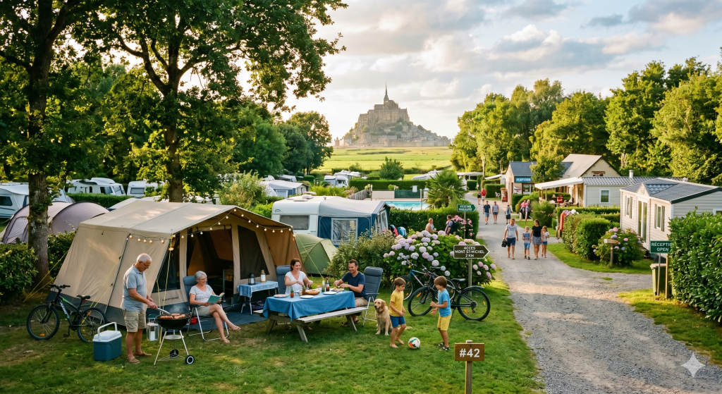 Ambiance conviviale en camping familial près du Mont-Saint-Michel : famille en vacances avec tente et mobil-homes, vue panoramique sur la Merveille, Normandie